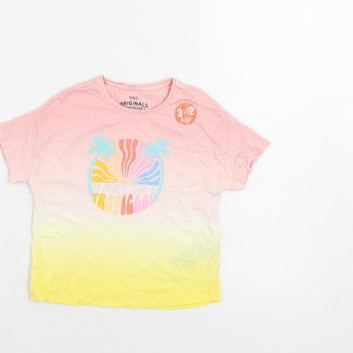 Marks and Spencer Girls Pink Cotton Pullover T-Shirt Size 3-4 Years Crew Neck Pullover - Tropicool