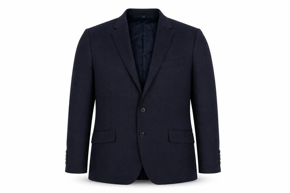 Front view of Marks & Spencer men’s blue striped wool jacket suit jacket, size 44, regular