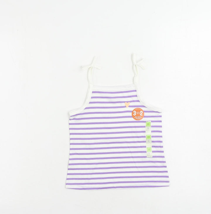 Marks and Spencer Girls Purple Striped Cotton Camisole Tank Size 3-4 Years Square Neck Pullover
