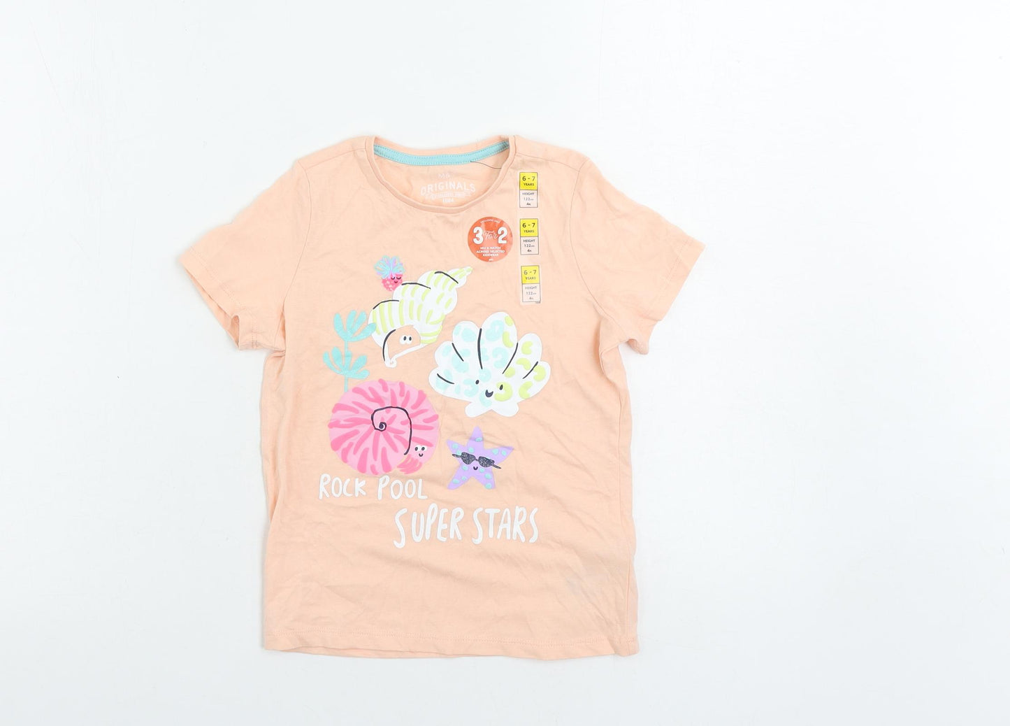 Marks and Spencer Girls Pink Cotton Basic T-Shirt Size 6-7 Years Crew Neck Pullover - Sea Shells