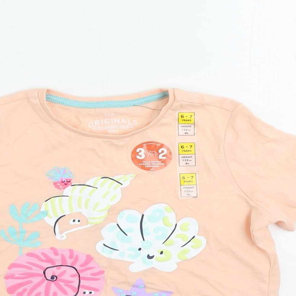 Marks and Spencer Girls Pink Cotton Basic T-Shirt Size 6-7 Years Crew Neck Pullover - Sea Shells