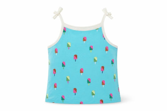 Front view of Marks & Spencer girls’ blue geometric cotton camisole tank, years square neck pullover - ice cream print