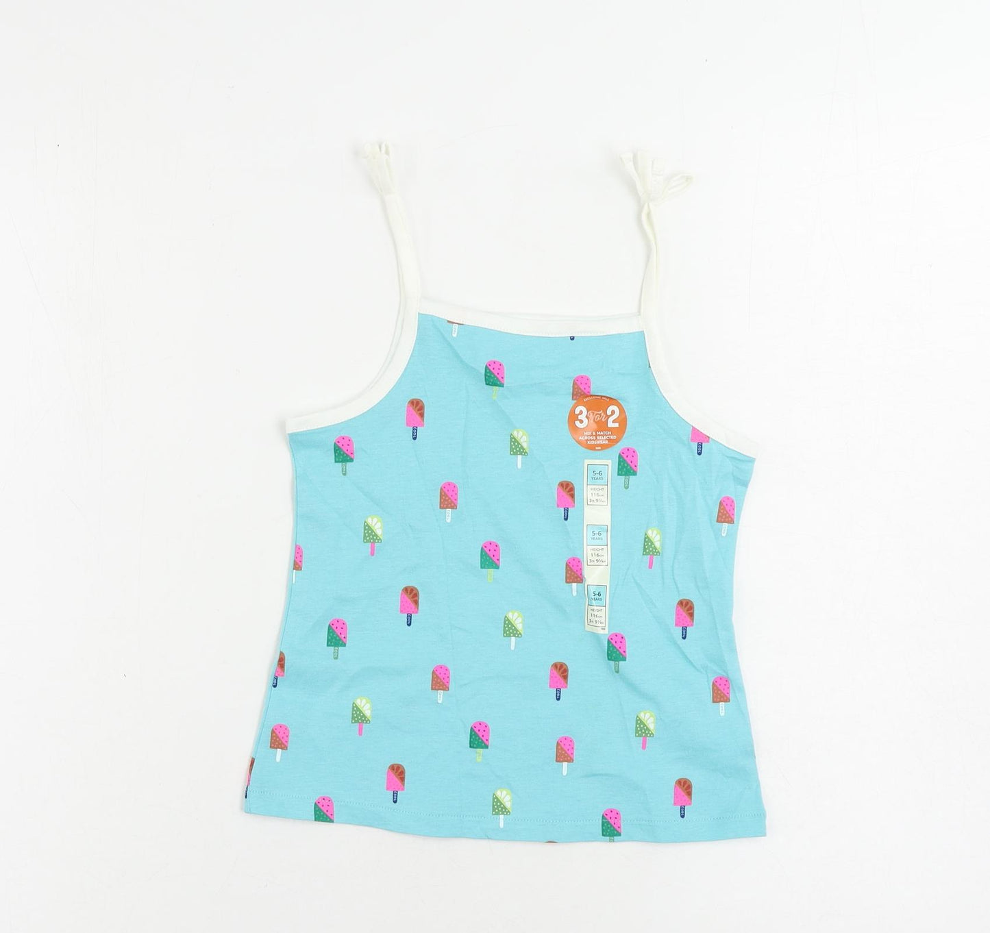 Marks and Spencer Girls Blue Geometric Cotton Camisole Tank Size 5-6 Years Square Neck Pullover - Ice Cream Print