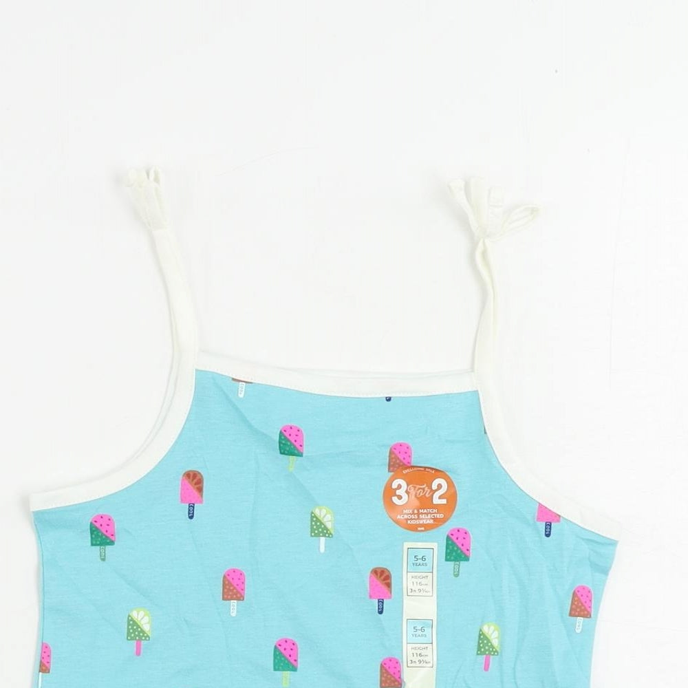 Marks and Spencer Girls Blue Geometric Cotton Camisole Tank Size 5-6 Years Square Neck Pullover - Ice Cream Print