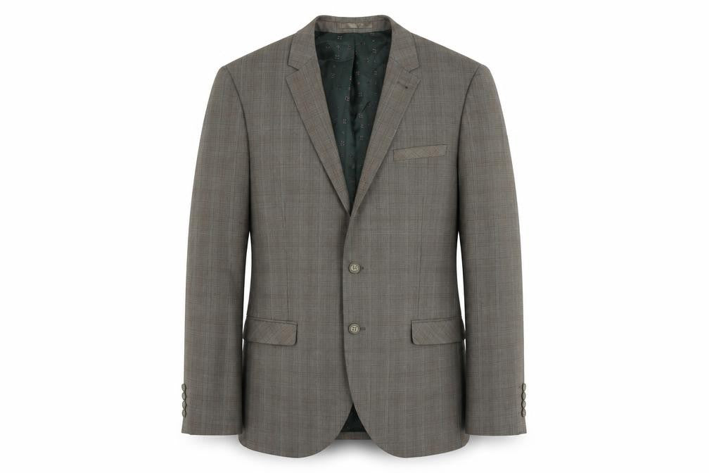 Front view of Next men’s brown plaid polyester jacket suit jacket, size 42, regular
