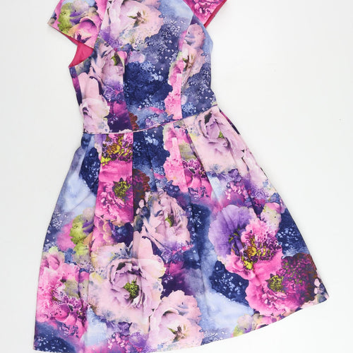 Warehouse Womens Multicoloured Floral Polyester Fit & Flare Size 10 Round Neck Zip - Lined