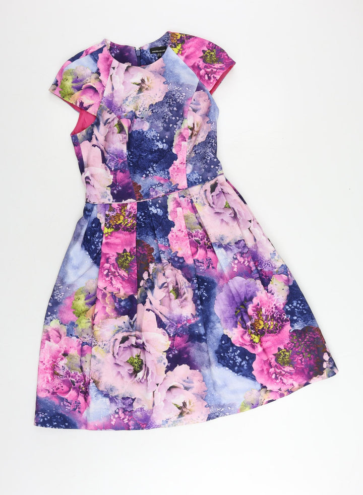 Warehouse Womens Multicoloured Floral Polyester Fit & Flare Size 10 Round Neck Zip - Lined