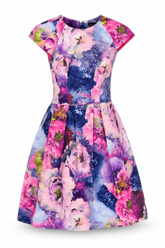 Front view of Warehouse women’s multicoloured floral polyester fit & flare, size UK 10, round neck zip - lined
