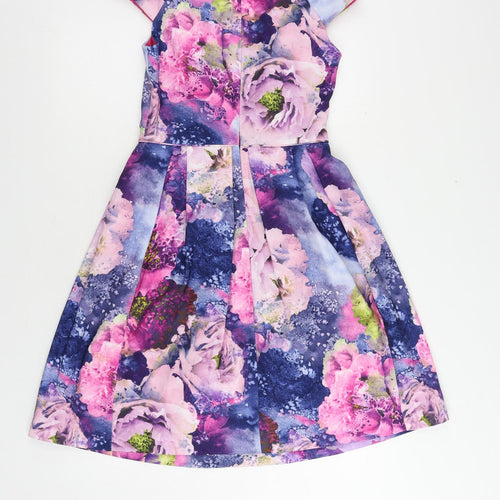 Warehouse Womens Multicoloured Floral Polyester Fit & Flare Size 10 Round Neck Zip - Lined