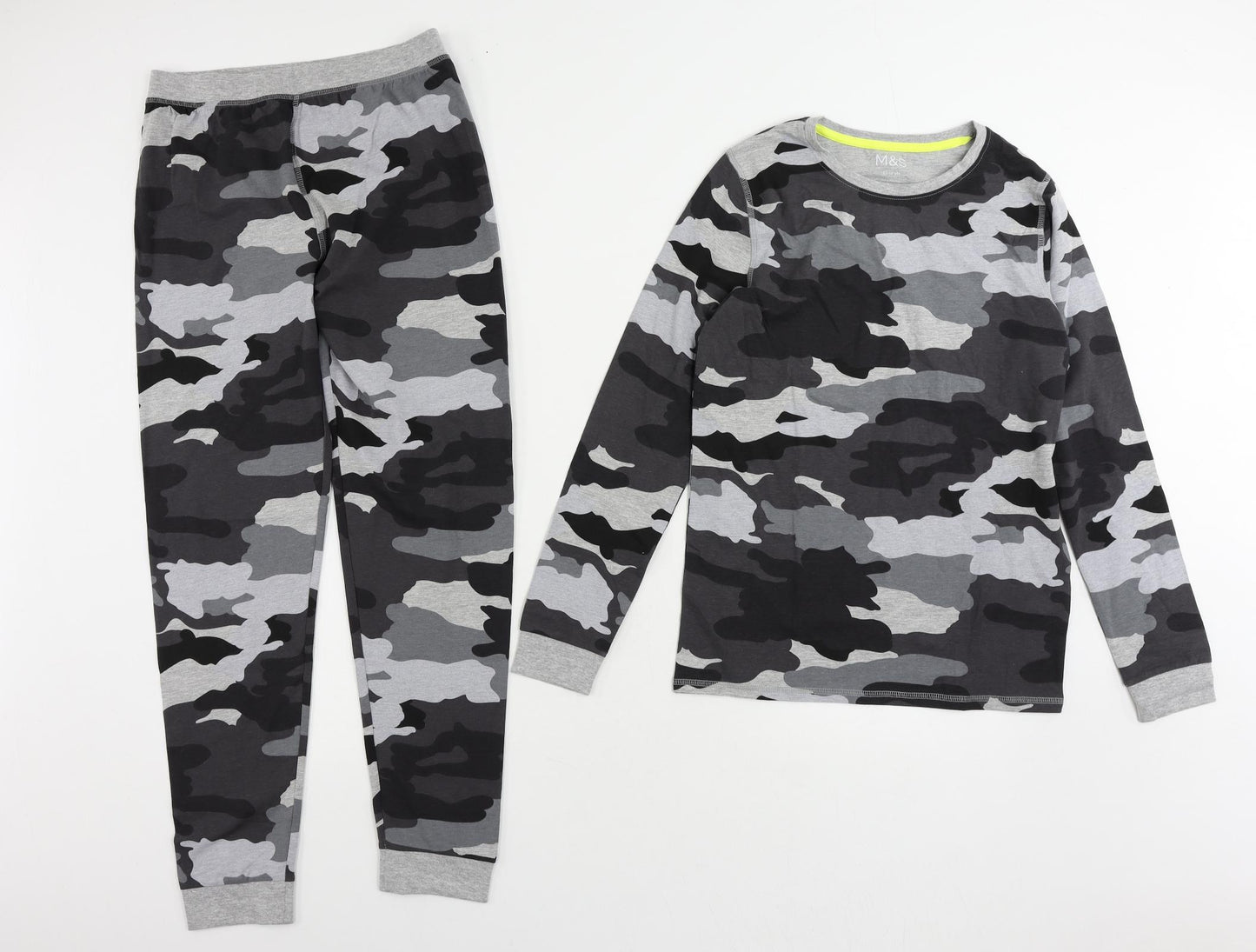 Marks and Spencer Boys Grey Camouflage Cotton Pyjama Set Size 11-12 Years Pullover