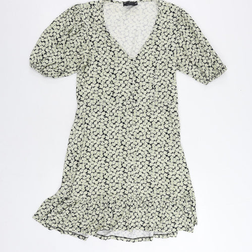 ASOS Womens Green Floral Cotton A-Line Size 10 V-Neck Pullover - Ruffle