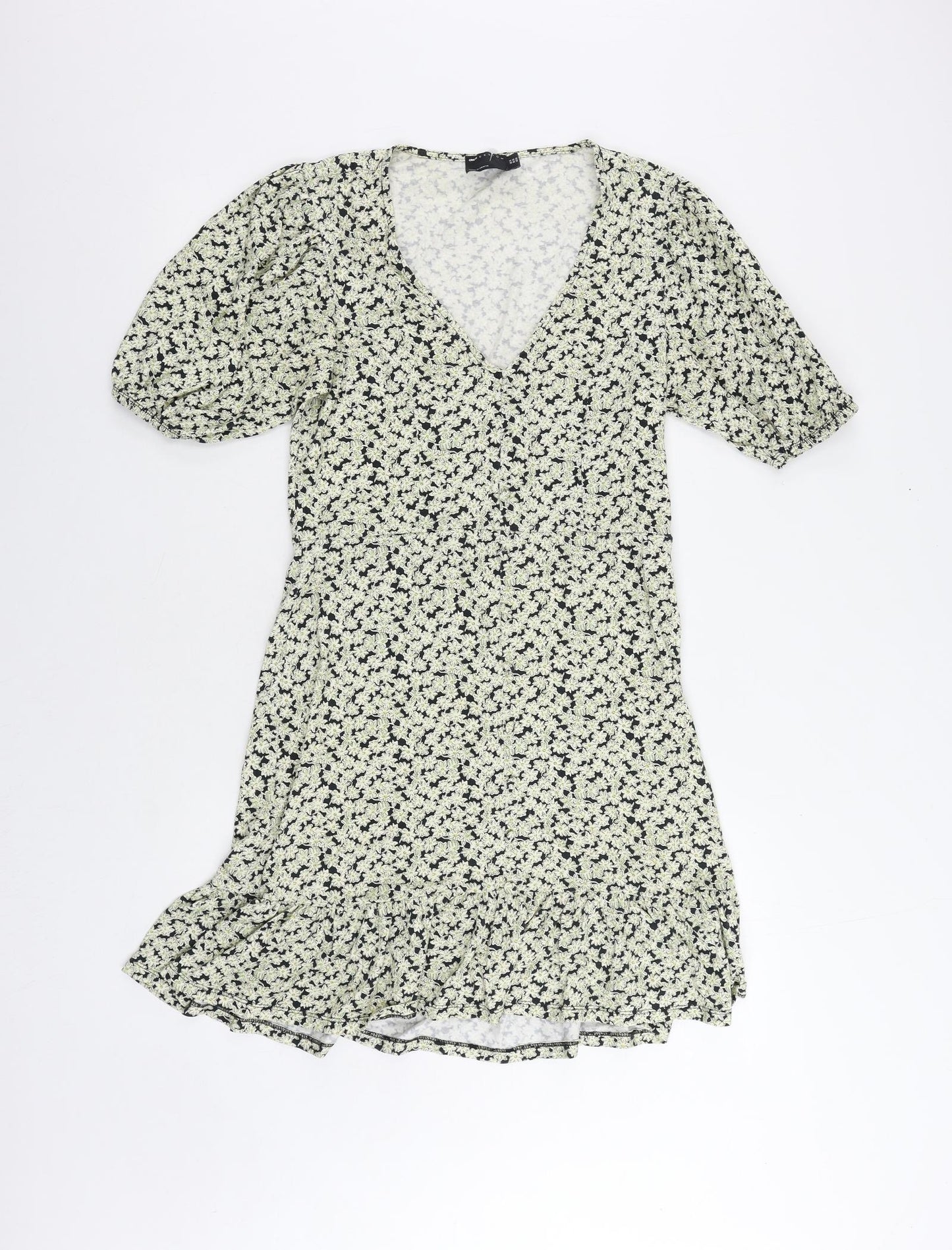 ASOS Womens Green Floral Cotton A-Line Size 10 V-Neck Pullover - Ruffle