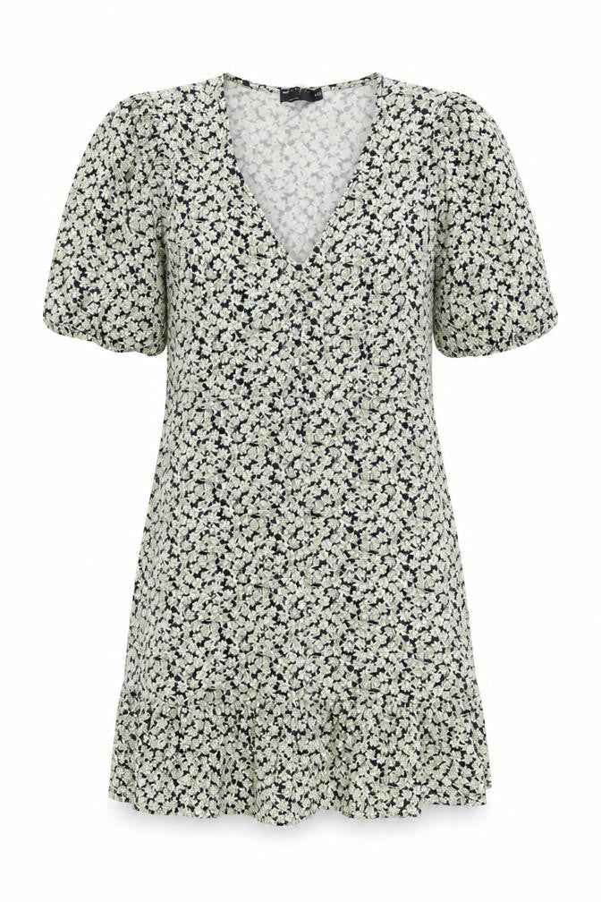 Front view of ASOS women’s green floral cotton a-line, size UK 10, v-neck pullover - ruffle