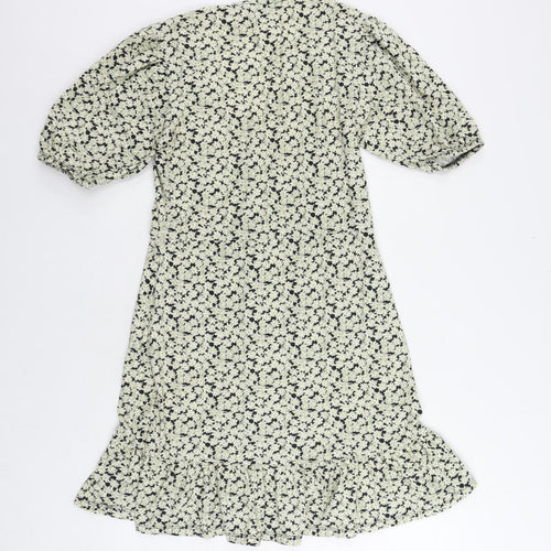 ASOS Womens Green Floral Cotton A-Line Size 10 V-Neck Pullover - Ruffle