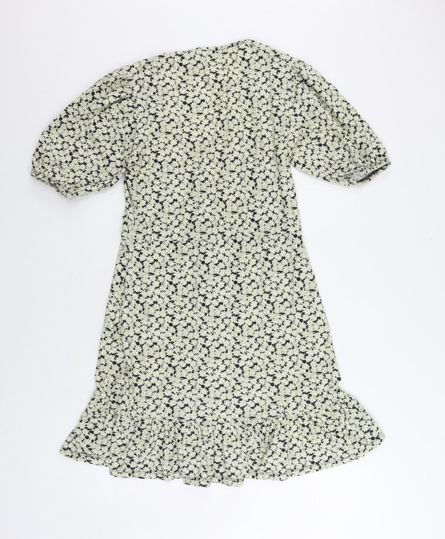 ASOS Womens Green Floral Cotton A-Line Size 10 V-Neck Pullover - Ruffle