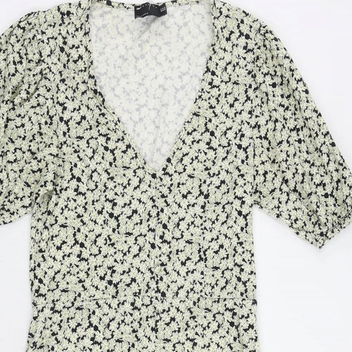 ASOS Womens Green Floral Cotton A-Line Size 10 V-Neck Pullover - Ruffle