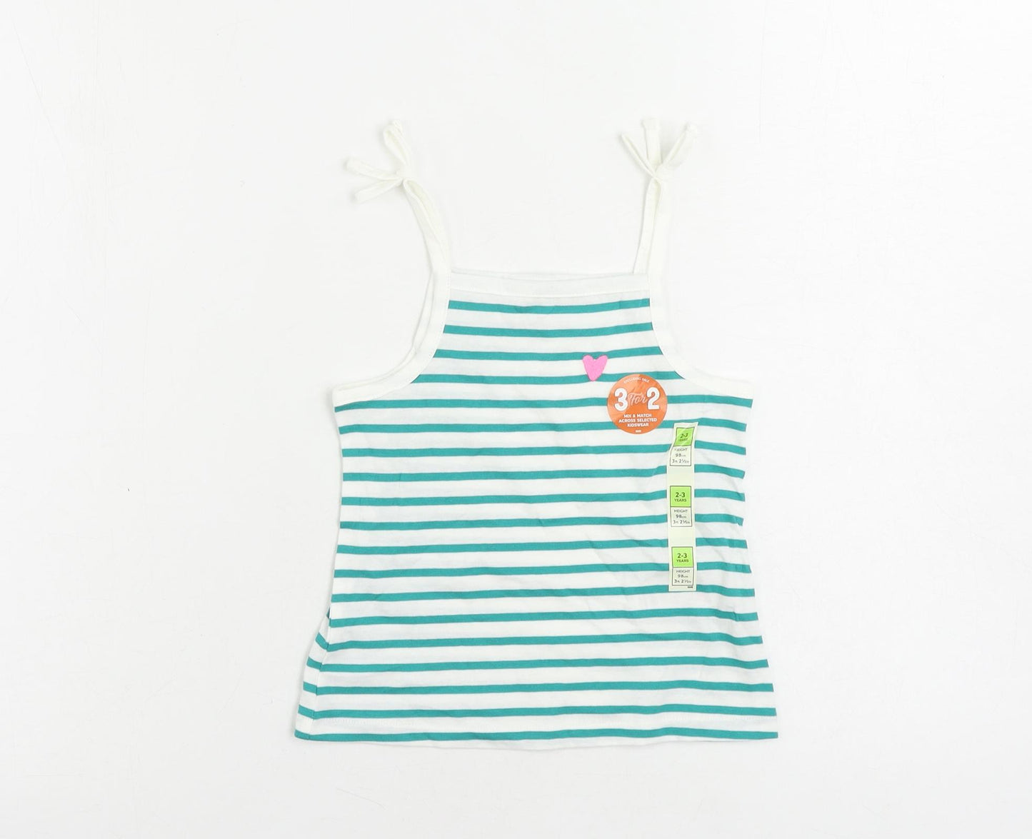 Marks and Spencer Girls Green Striped Cotton Camisole Tank Size 2-3 Years Square Neck Pullover