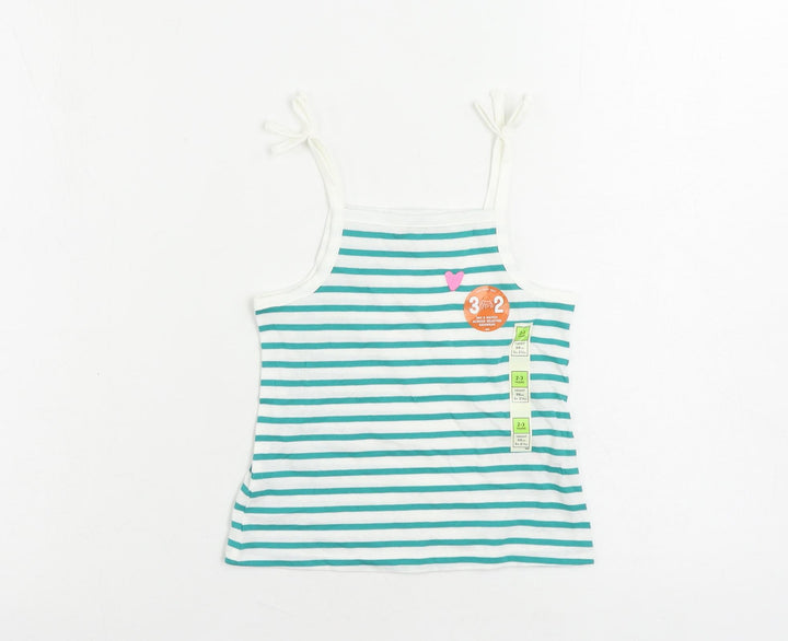Marks and Spencer Girls Green Striped Cotton Camisole Tank Size 2-3 Years Square Neck Pullover