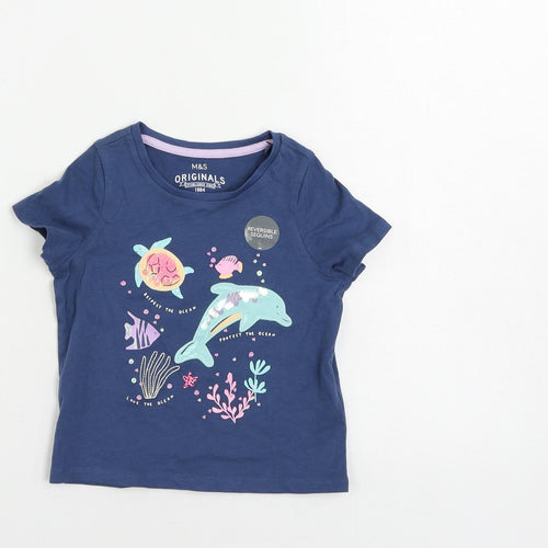 Marks and Spencer Girls Blue Cotton Pullover T-Shirt Size 2-3 Years Crew Neck Pullover - Sea Creatures