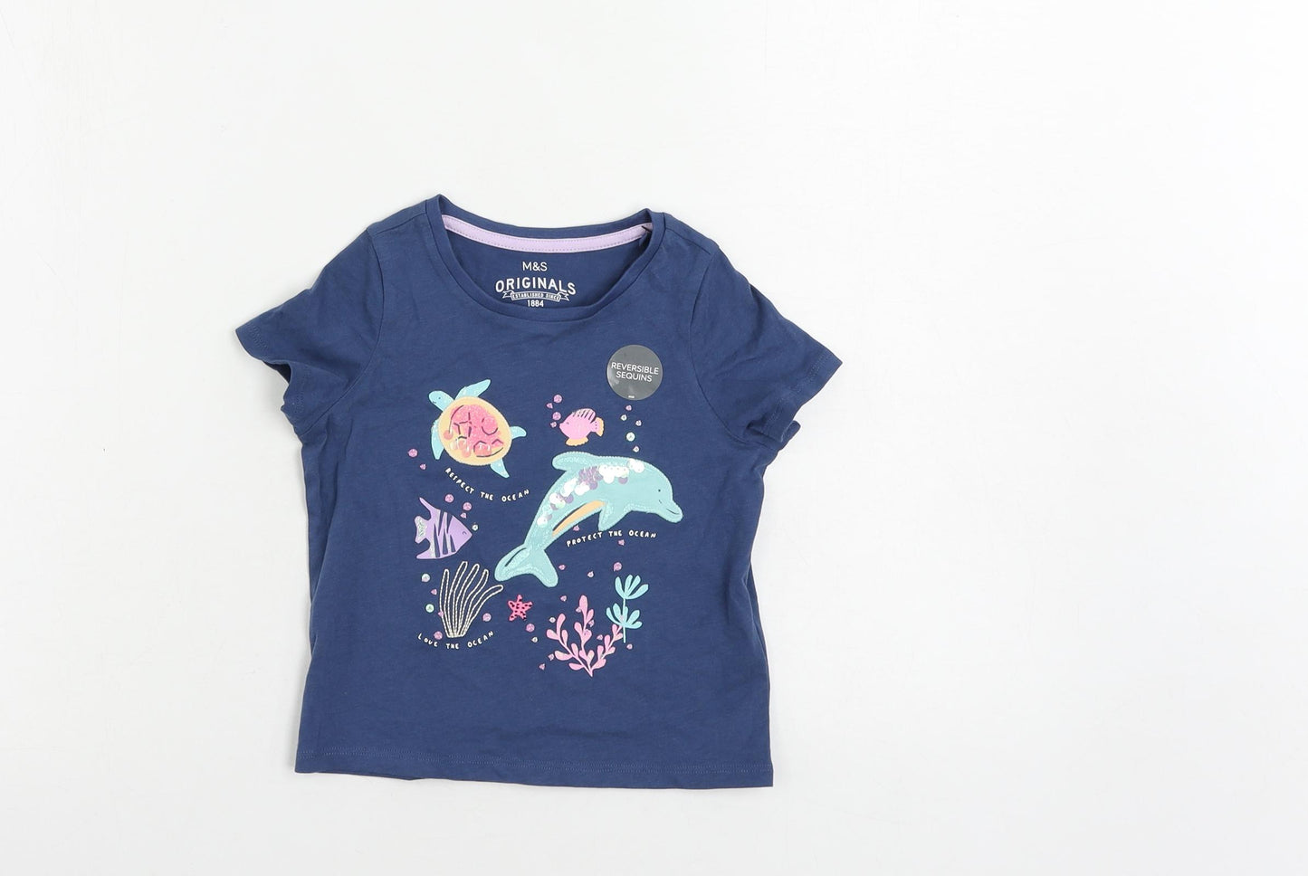 Marks and Spencer Girls Blue Cotton Pullover T-Shirt Size 2-3 Years Crew Neck Pullover - Sea Creatures