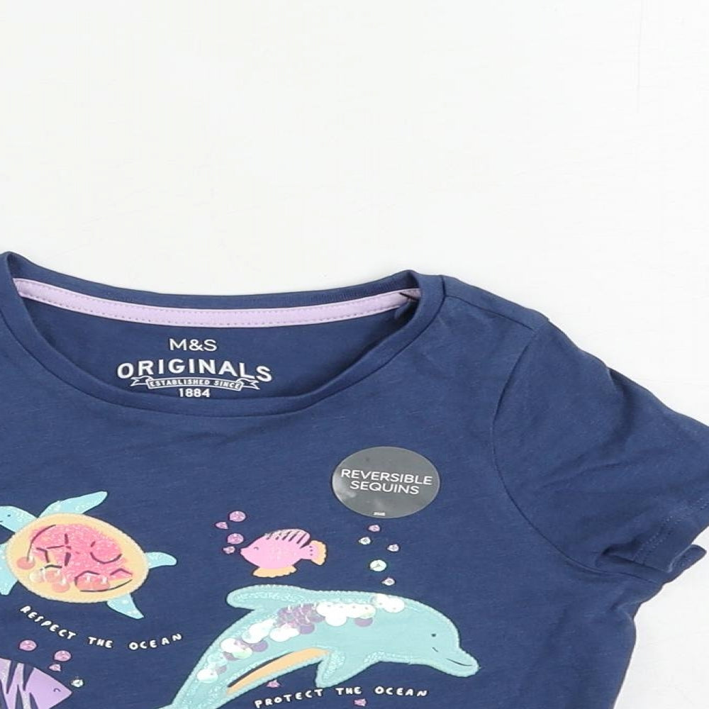 Marks and Spencer Girls Blue Cotton Pullover T-Shirt Size 2-3 Years Crew Neck Pullover - Sea Creatures