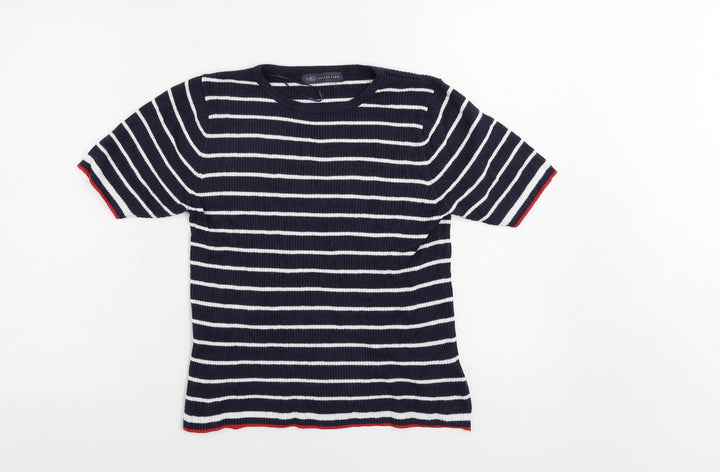 Marks and Spencer Womens Blue Crew Neck Striped Viscose Pullover Jumper Size 14 - Ribbed