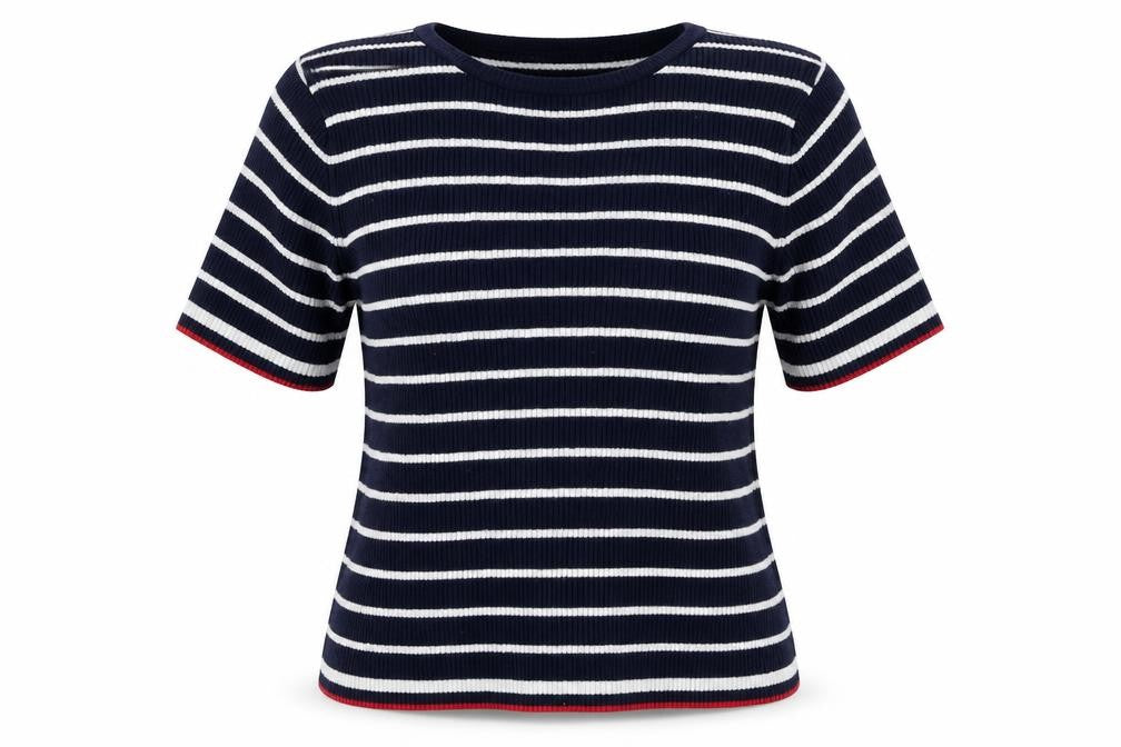 Front view of Marks & Spencer women’s blue crew neck striped viscose jumper, size UK 14, - ribbed