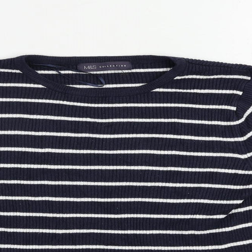 Marks and Spencer Womens Blue Crew Neck Striped Viscose Pullover Jumper Size 14 - Ribbed