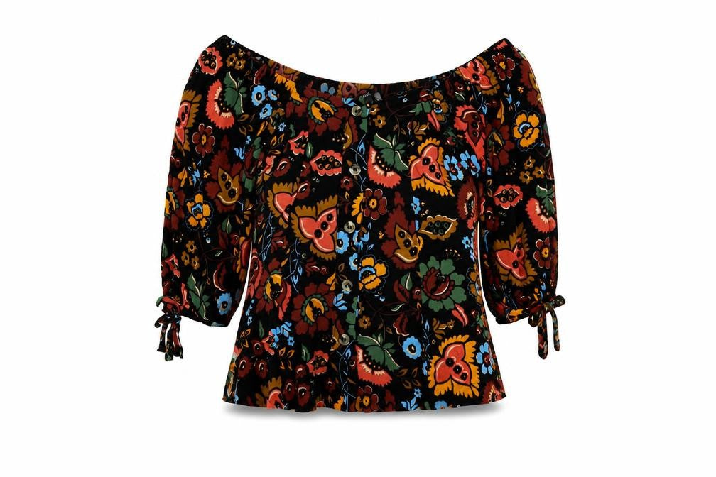 Front view of Next women’s black paisley viscose basic blouse, size UK 6, off the shoulder