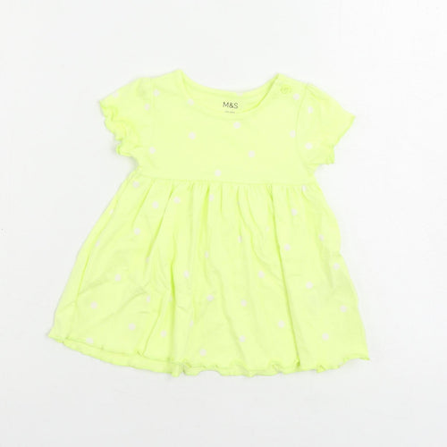 Marks and Spencer Girls Yellow Polka Dot Cotton A-Line Size 3-6 Months Crew Neck Button