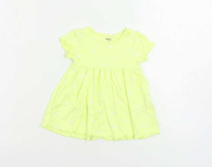 Marks and Spencer Girls Yellow Polka Dot Cotton A-Line Size 3-6 Months Crew Neck Button