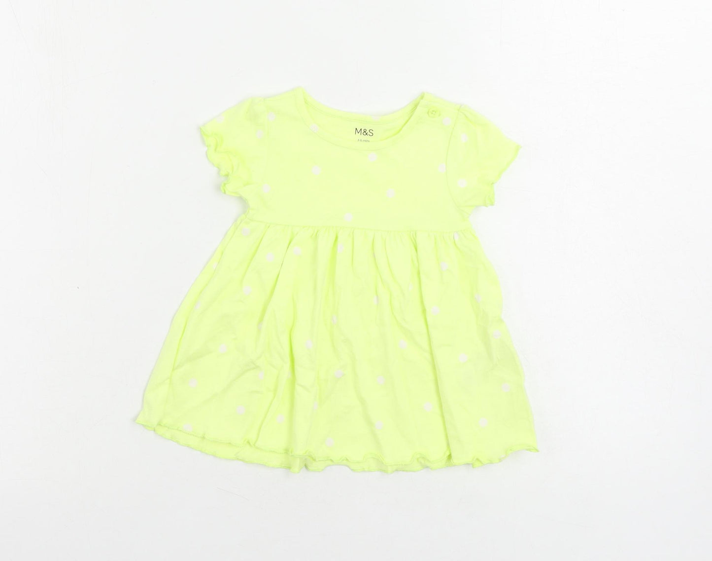 Marks and Spencer Girls Yellow Polka Dot Cotton A-Line Size 3-6 Months Crew Neck Button