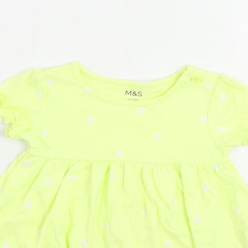Marks and Spencer Girls Yellow Polka Dot Cotton A-Line Size 3-6 Months Crew Neck Button