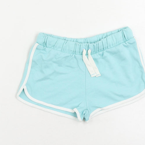 Marks and Spencer Girls Blue Cotton Sweat Shorts Size 6-7 Years Regular Drawstring - Contrasting Trim