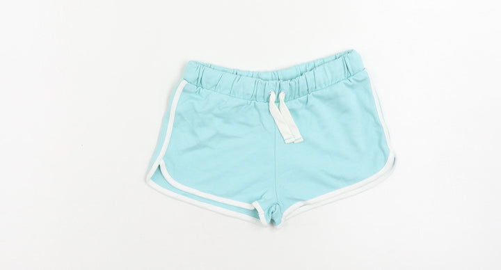 Marks and Spencer Girls Blue Cotton Sweat Shorts Size 6-7 Years Regular Drawstring - Contrasting Trim