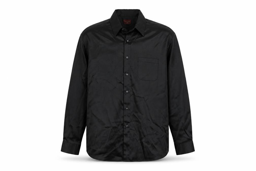 Front view of Burton men’s black polyester button-up, size L, collared button