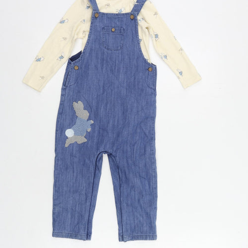 Marks and Spencer Baby Blue Geometric Cotton Dungaree Outfit/Set Size 18-24 Months Snap - Rabbit