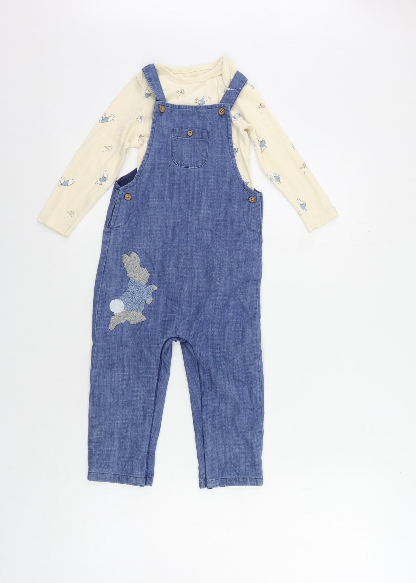 Marks and Spencer Baby Blue Geometric Cotton Dungaree Outfit/Set Size 18-24 Months Snap - Rabbit