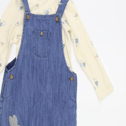 Marks and Spencer Baby Blue Geometric Cotton Dungaree Outfit/Set Size 18-24 Months Snap - Rabbit