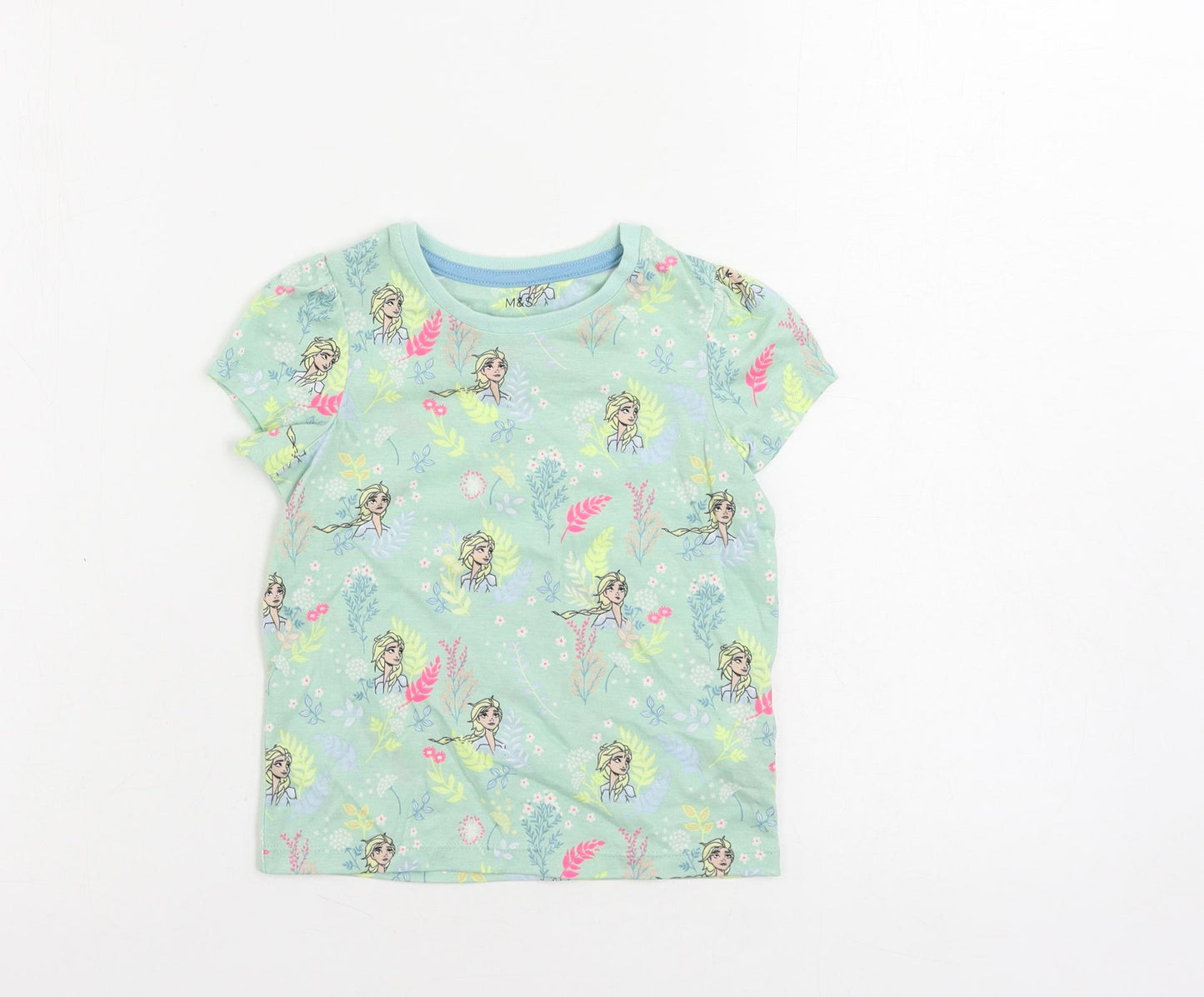 Marks and Spencer Girls Green Geometric Cotton Pullover T-Shirt Size 3-4 Years Crew Neck Pullover - Frozen