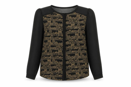 Front view of Next women’s black geometric viscose basic button-up, size UK 8, round neck - sheer sleeves