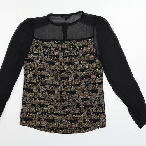 NEXT Womens Black Geometric Viscose Basic Button-Up Size 8 Round Neck - Sheer Sleeves