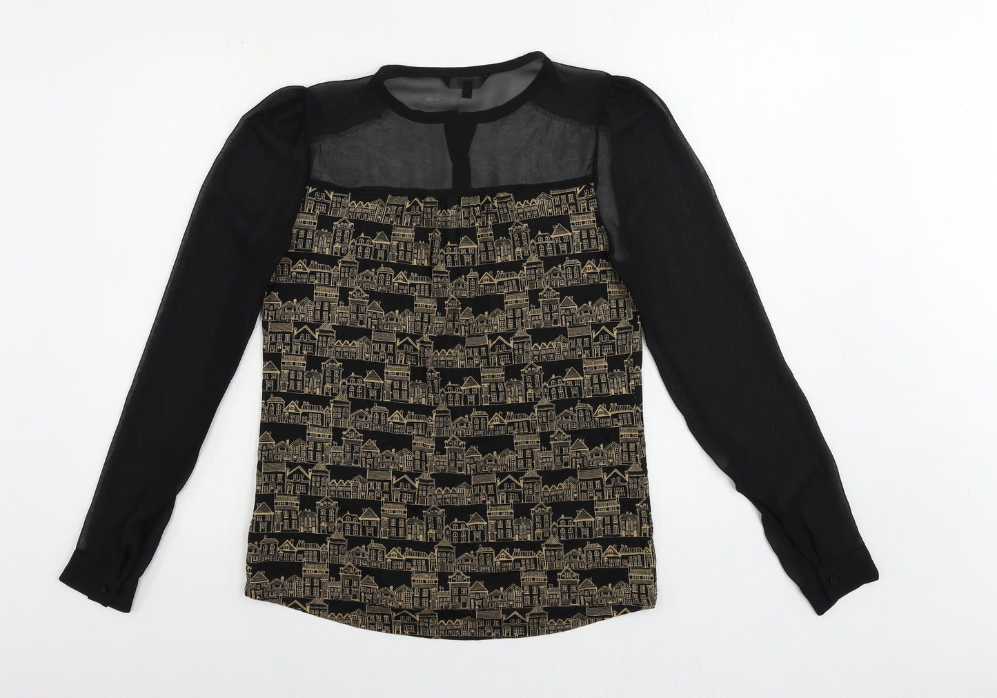 NEXT Womens Black Geometric Viscose Basic Button-Up Size 8 Round Neck - Sheer Sleeves