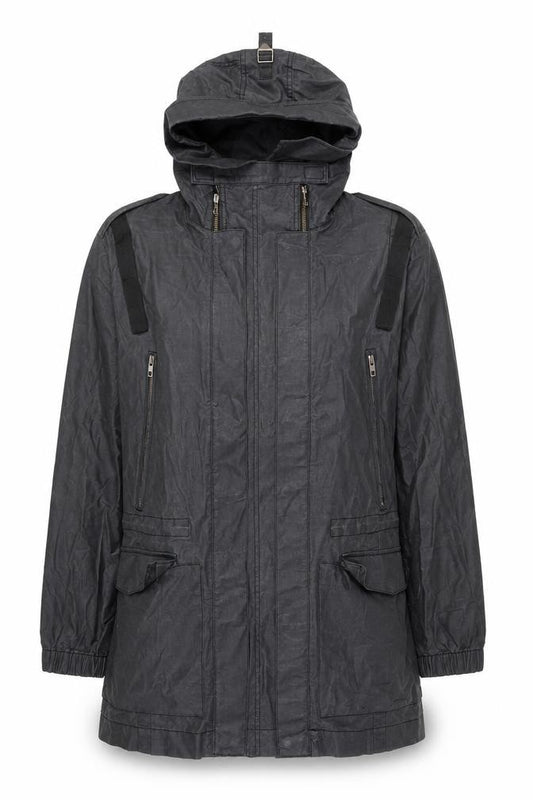 Front view of French Connection women’s black jacket coat, size M, zip