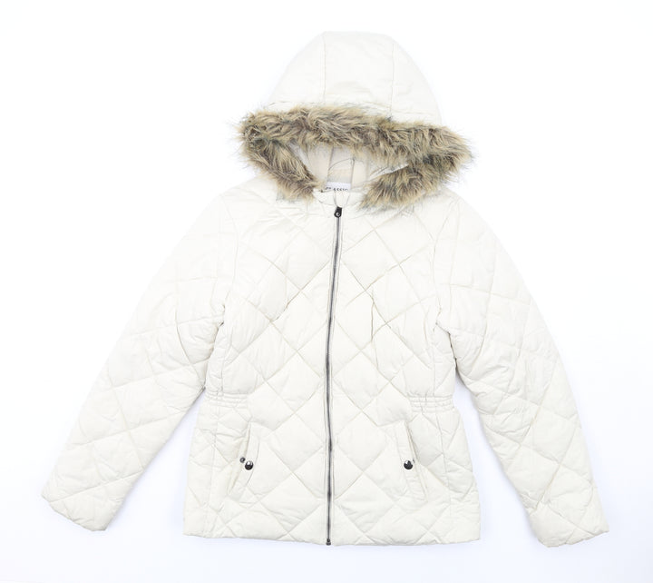 Classic Womens Ivory Quilted Coat Size 10 Zip