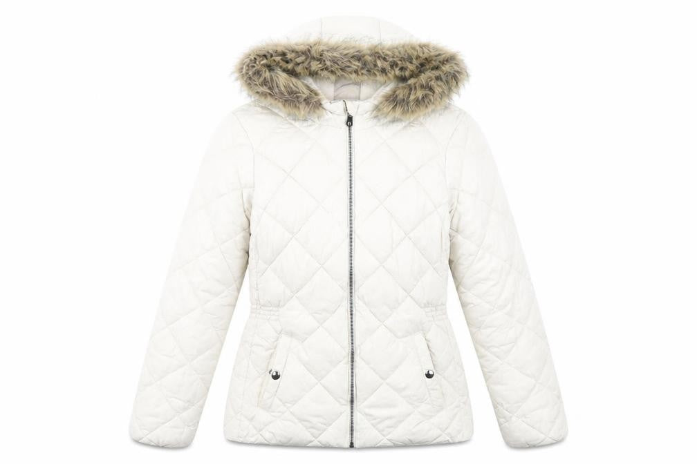 Front view of Classics women’s ivory quilted coat, size UK 10, zip