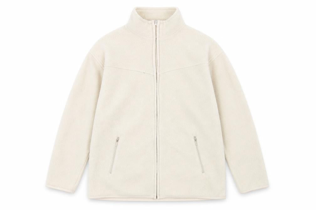 Front view of EWM women’s beige jacket, size UK 14, zip