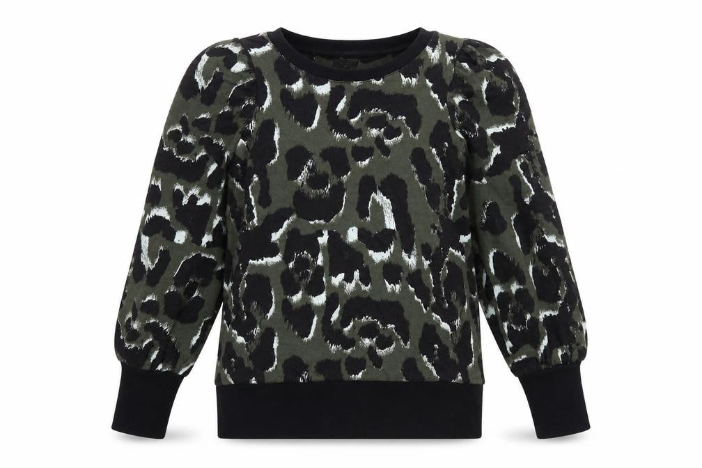 Front view of River Island women’s green animal print cotton pullover sweatshirt, size XS, pullover