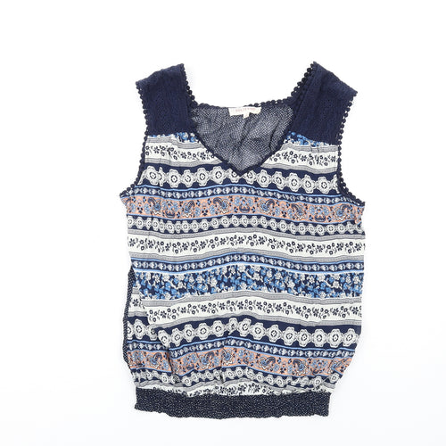 Solitaire Womens Blue Geometric Viscose Basic Tank Size L V-Neck
