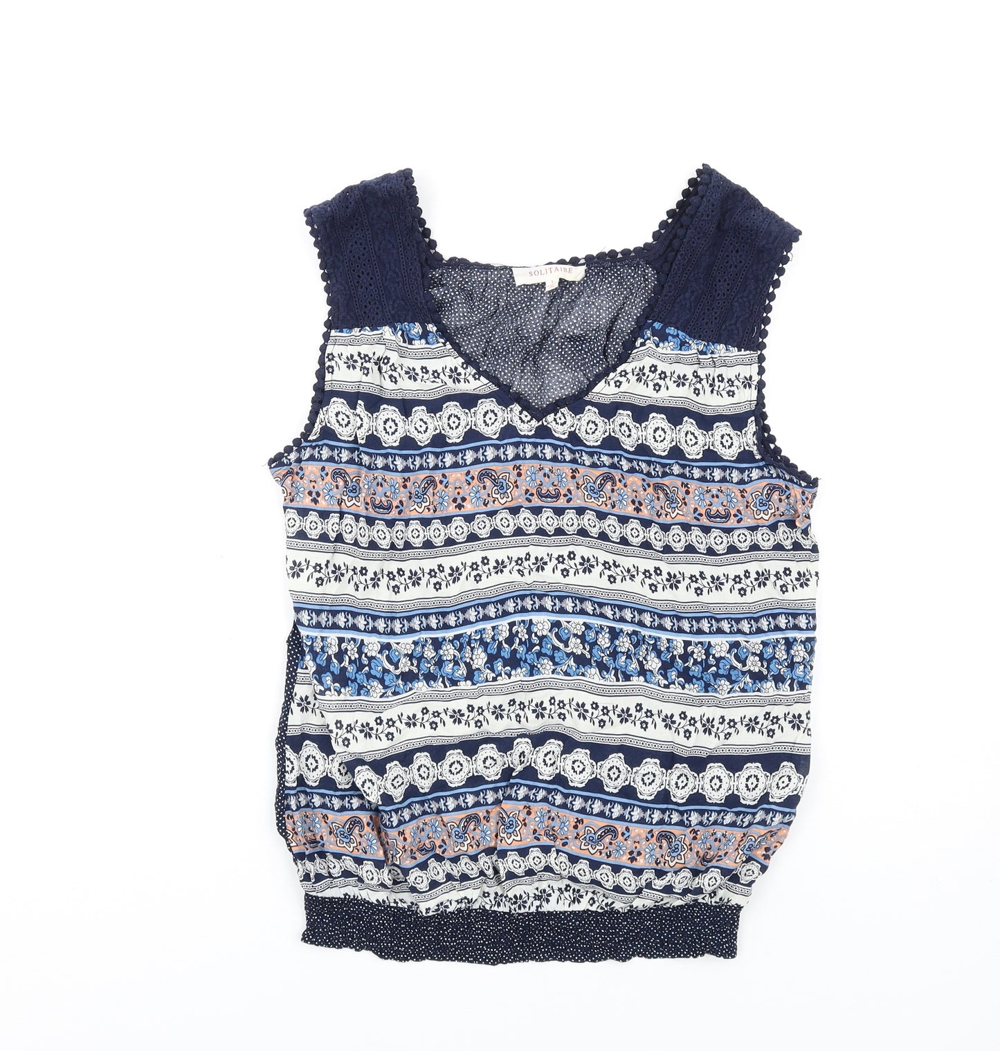 Solitaire Womens Blue Geometric Viscose Basic Tank Size L V-Neck